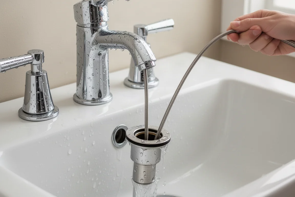 Scarico di un lavandino del bagno con tappo di capelli rimosso da uno strumento sottile per scarichi