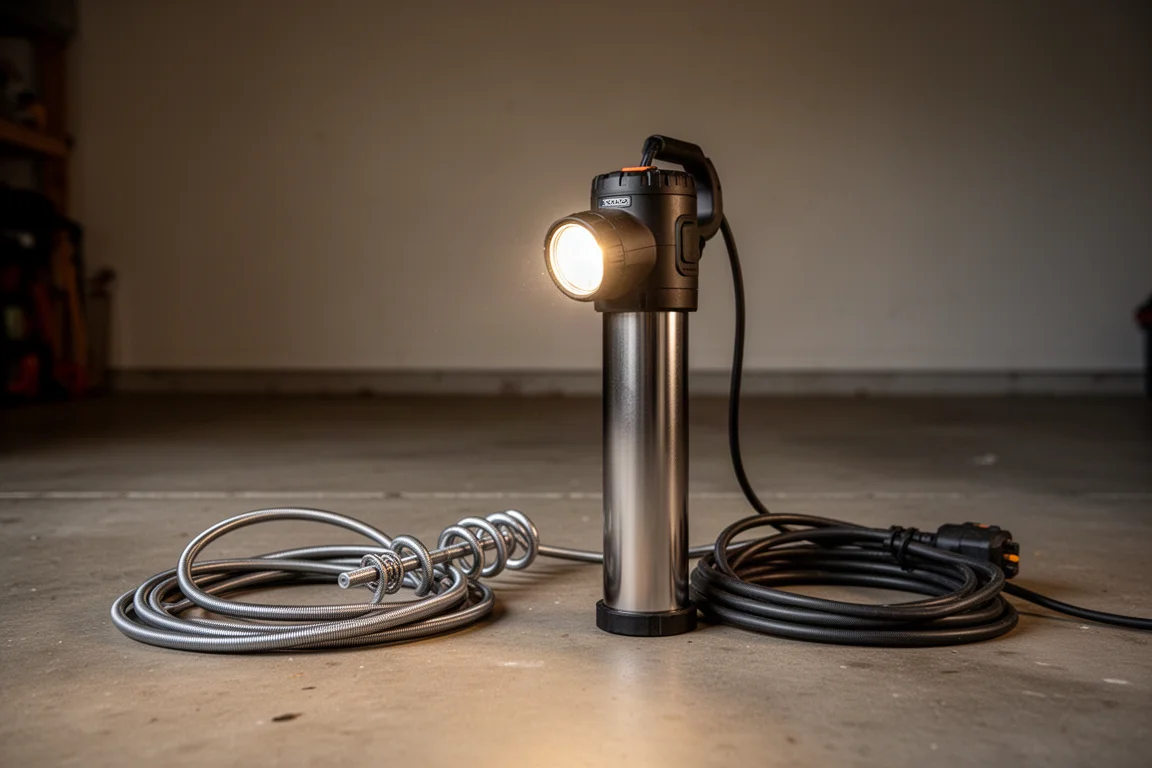 Idroagge a batteria con cavo avvolto su un pavimento di garage