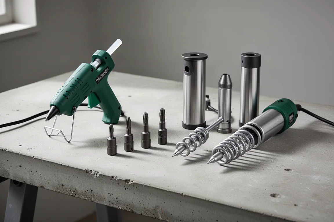 Five compact Ryobi-style tools including a glue gun, driver bits, and drain augers on a concrete surface