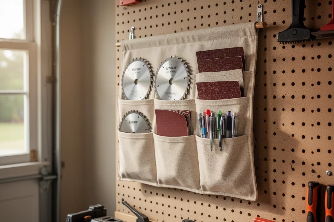 Wandmontierter Werkstatt-Organizer mit Klingen, Schleifpapier und Stiften