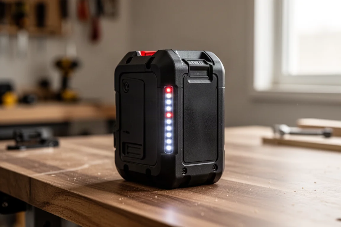 Bloc-batterie lithium 40V avec indicateur de charge allumé sur un établi d'atelier