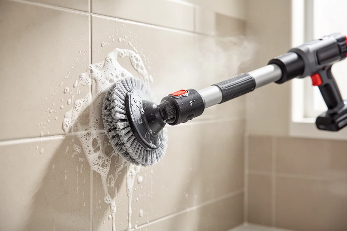 Tête télescopique d'une brosse électrique nettoyant du carrelage dans une salle de bain lumineuse