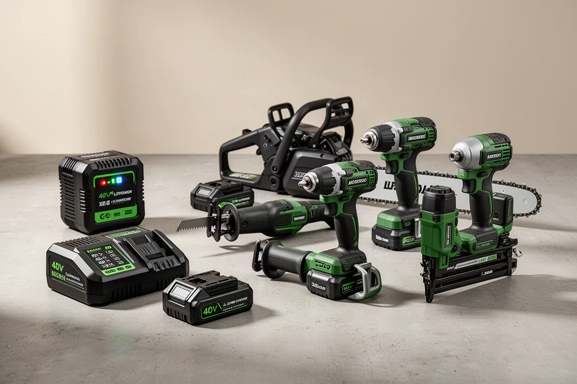 Collection of new Ryobi cordless power tools arranged on a concrete surface