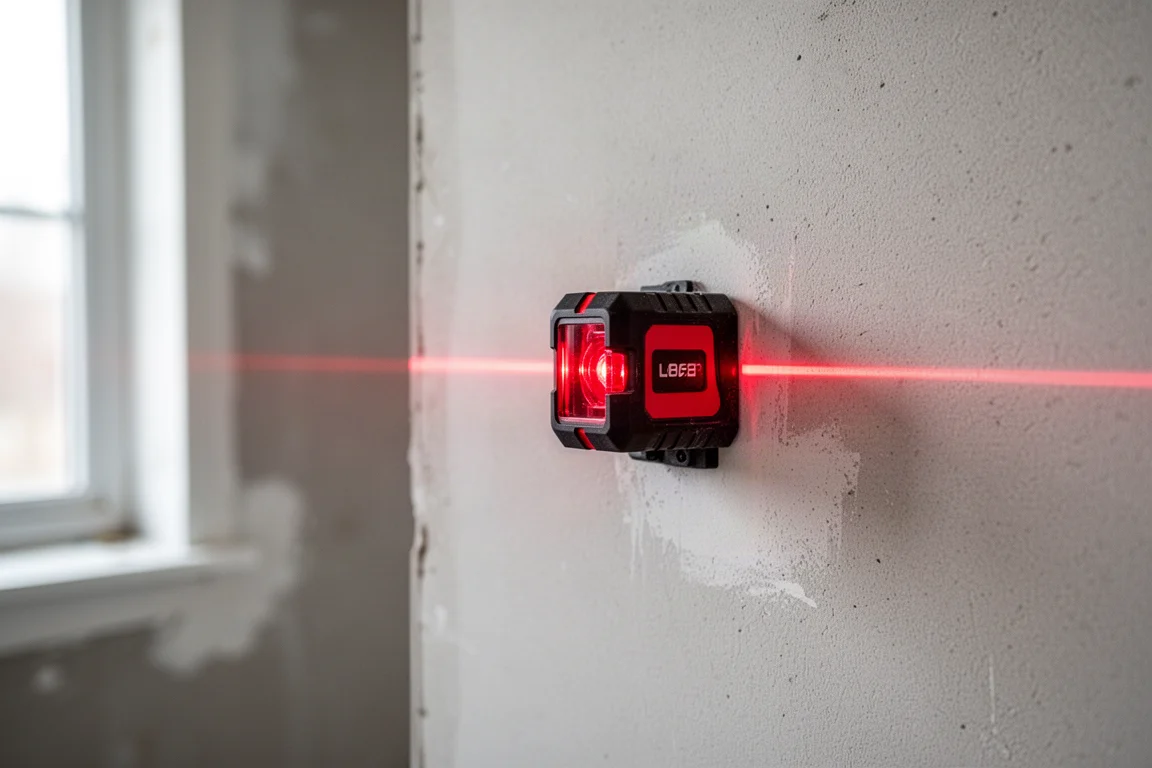 Nivel láser rojo compacto proyectando una línea de nivel a lo largo de una pared interior