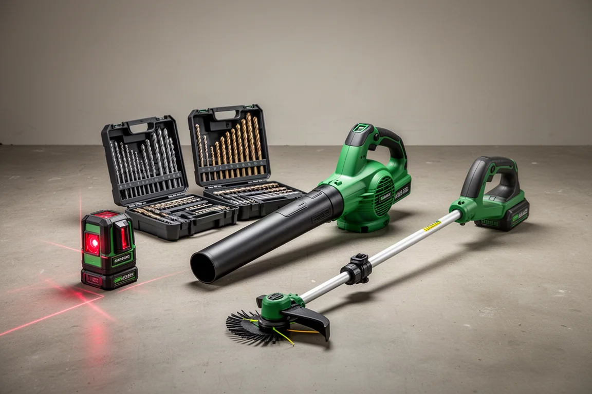 Variedade de novas ferramentas Ryobi, incluindo um nível a laser, brocas, soprador e roçadeira no piso de uma oficina