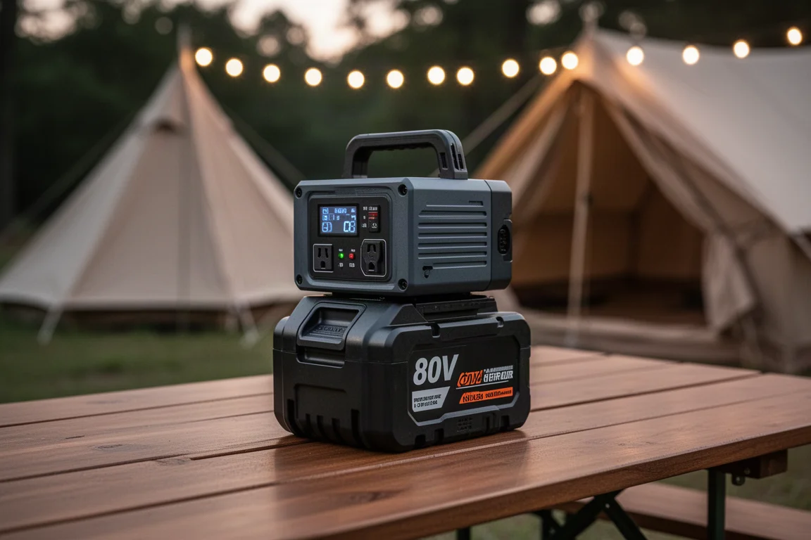Tragbares Powerstation-Inverter an einem großen 80V-Akku angeschlossen auf einem Campingtisch