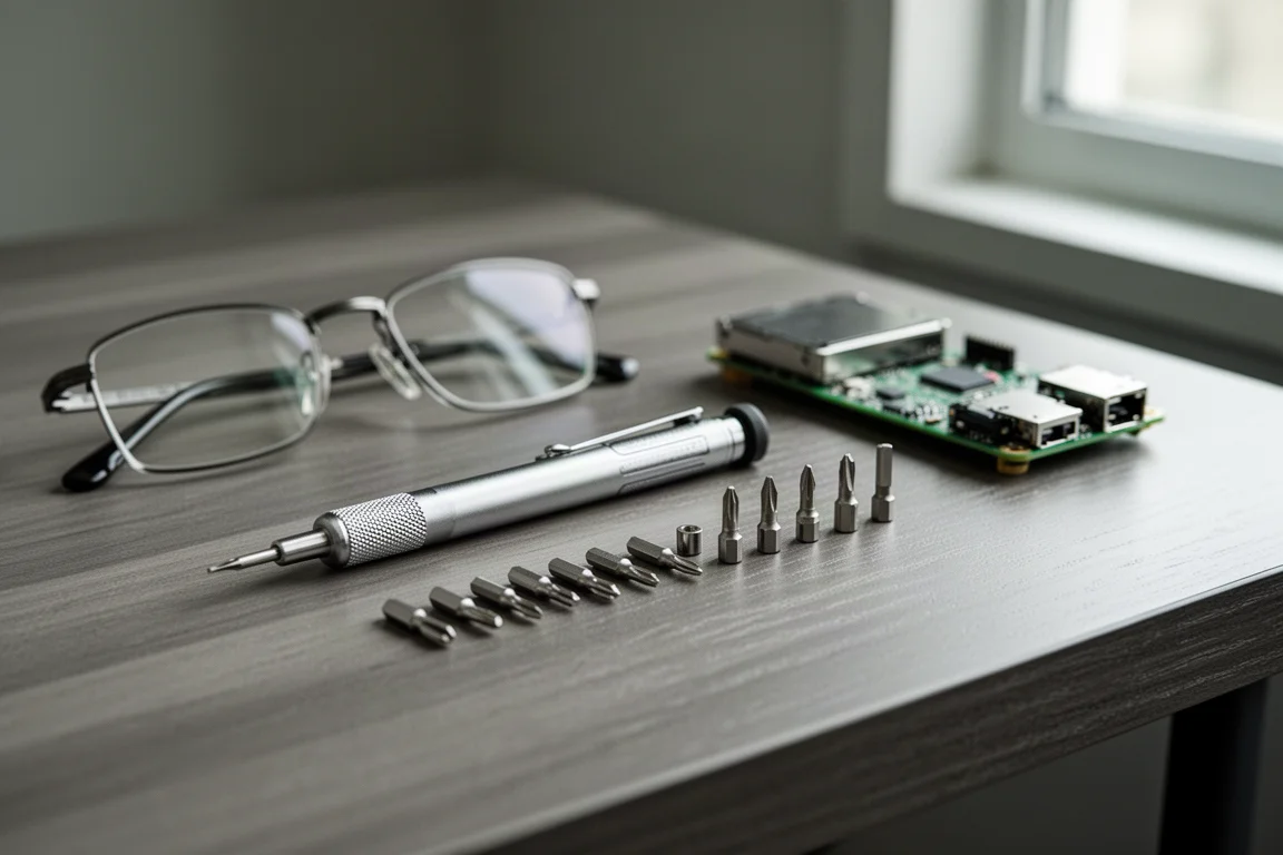Kompaktes Präzisions-Schraubendreher-Set mit kleinen Bits auf einem Schreibtisch ausgelegt