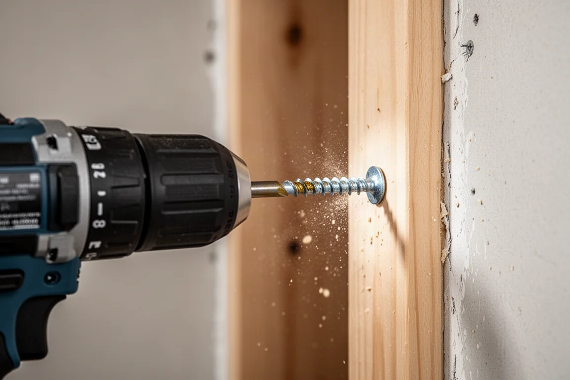Primo piano di un trapano brushless compatto che avvita una vite in un montante di legno