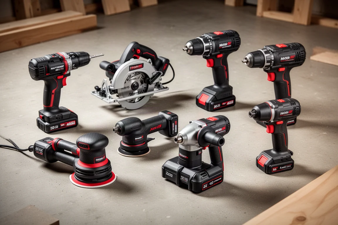 Coleção de nove ferramentas elétricas sem fio compactas da Skil Power Core dispostas no piso de concreto de uma oficina