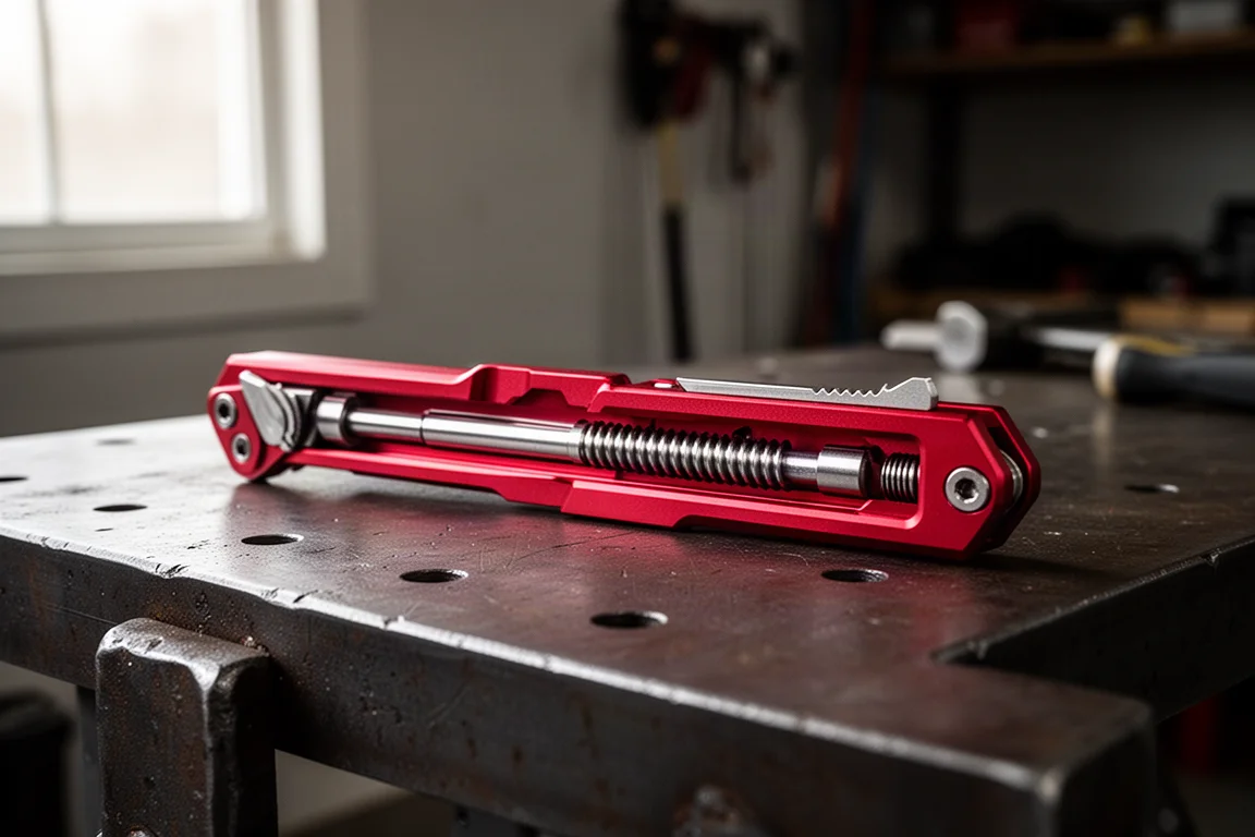 Red retractable clip removal tool sliding open on a workbench