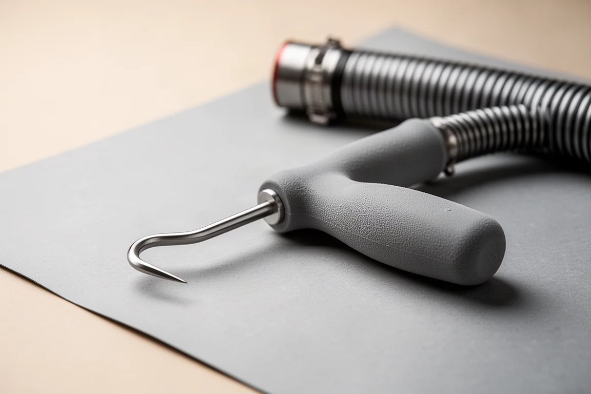 Short shaft radiator pick with hook tip on a paper work mat