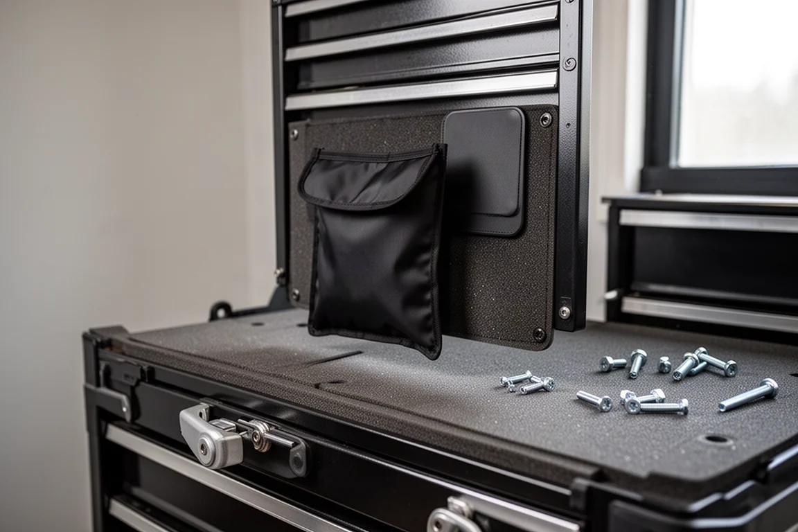 Flexible magnetic tool pouch attached to the side of a rolling tool cabinet