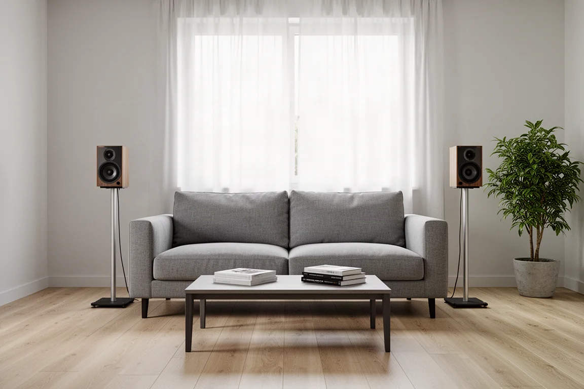 Wohnzimmer mit Lautsprechern auf Stativen beidseits eines Sofas bei Tageslicht