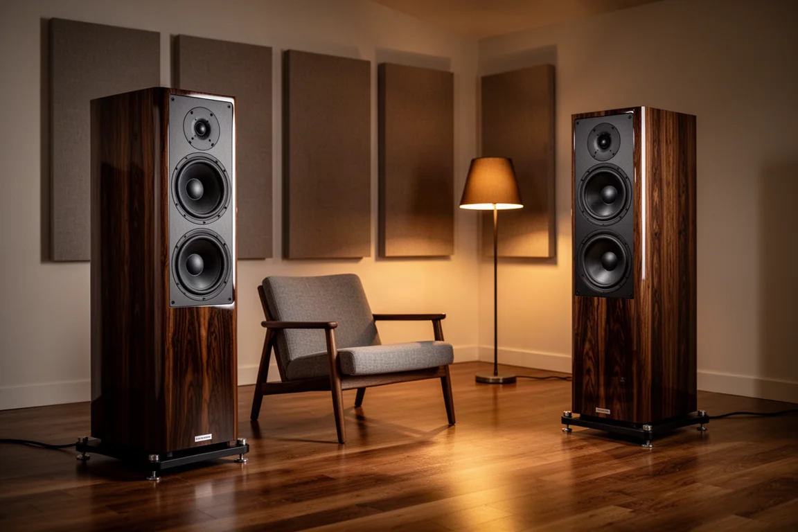 Two floorstanding hi-fi speakers flanking a listening chair in a warm listening room