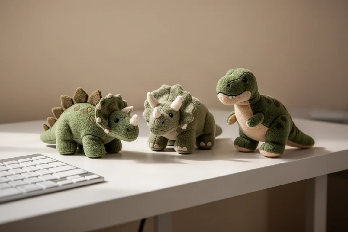 Pluchen dinosaurusfiguurtjes op een opgeruimd bureau