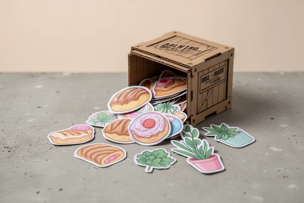 Kleurige flake-stickers die uit een klein kistvormig doosje strompelen