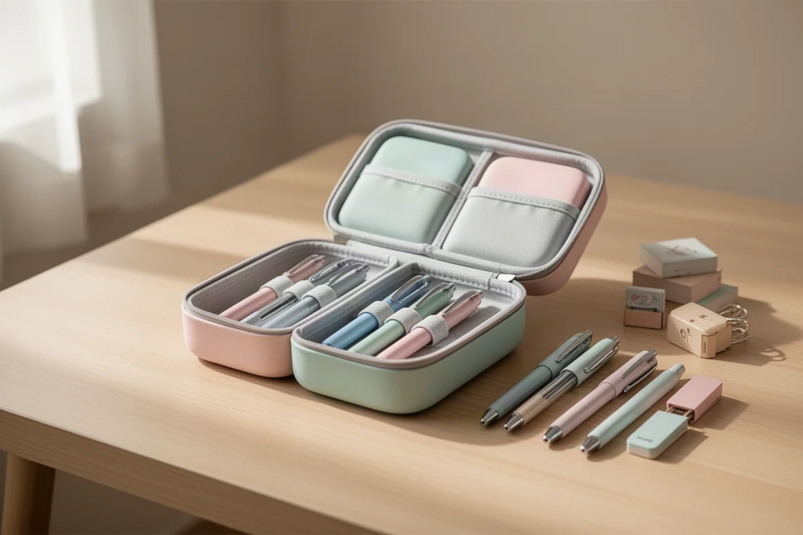 Un astuccio colorato con scomparti aperti su una scrivania in ordine