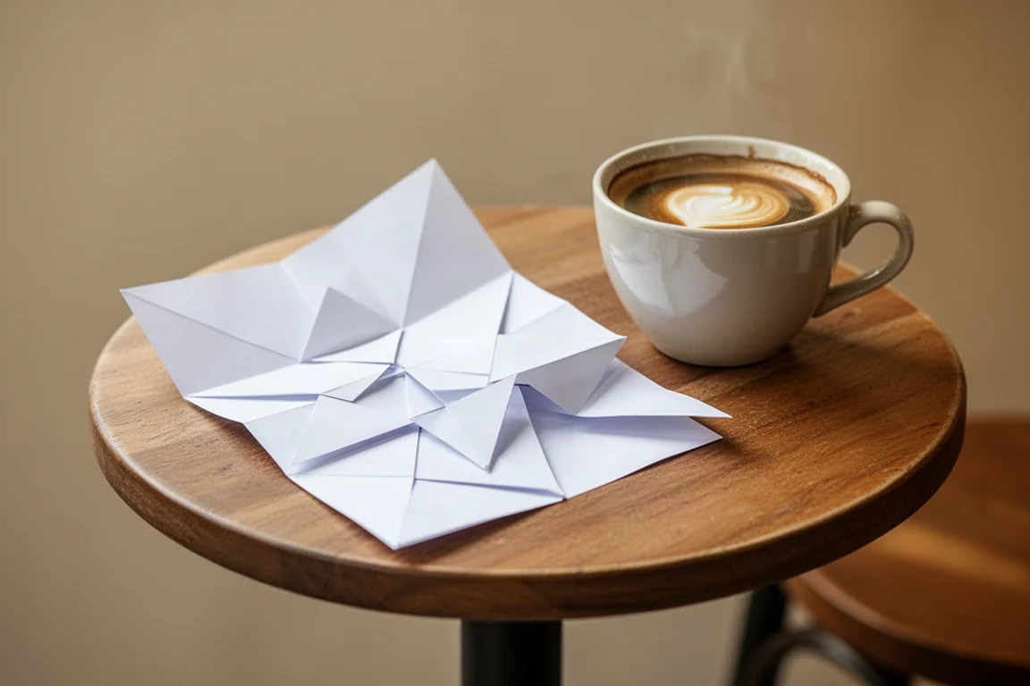 Un foglio di puzzle origami parzialmente piegato su un tavolo da caffè