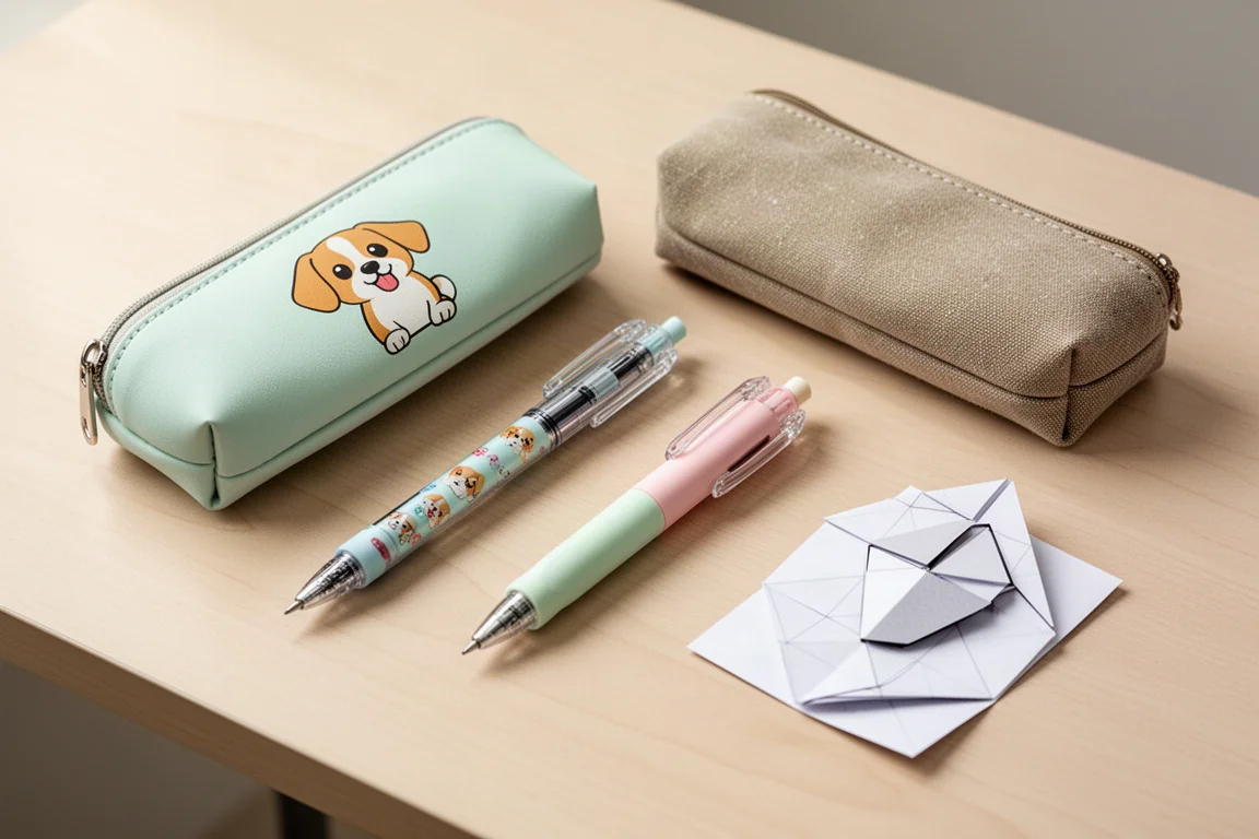 Flat-lay of pastel stationery including pen cases, pens, a pencil, and an origami sheet on a wooden desk