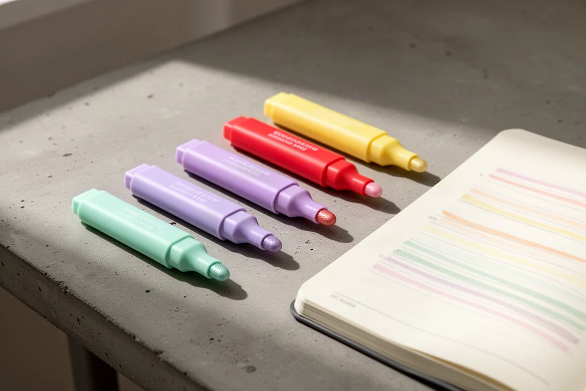 Marcadores pastel organizados sobre uma mesa ao lado de um caderno aberto