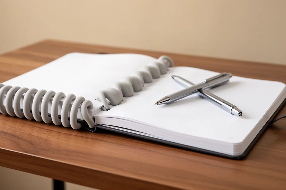 Caderno espiral aberto com anéis macios e flexíveis sobre uma mesa de madeira