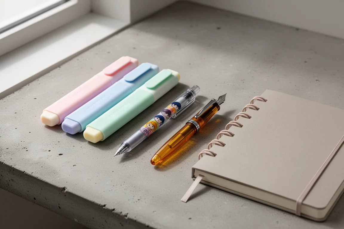 Flat-lay of highlighters, gel pens, a notebook, and a compact fountain pen on a concrete desk