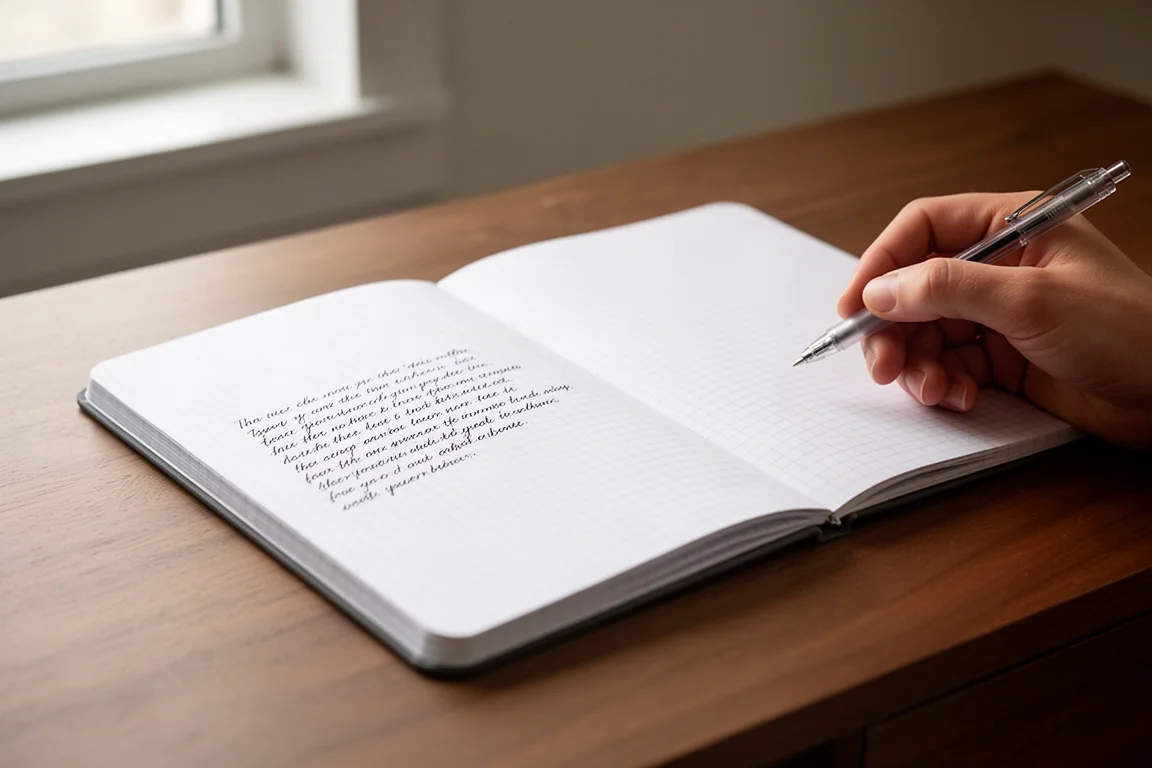 Open notitieboek met een fijn licht ruitjespatroon waarin met een gelpen wordt geschreven