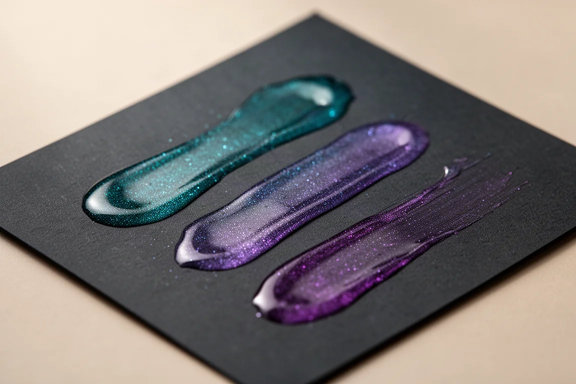 Shimmerende kleurwisselende gelinkt geswatched op donker papier