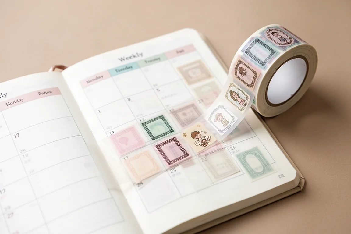 Decoratieve washi-stickerrol die wordt losgehaald en geplaatst in een planner-spread