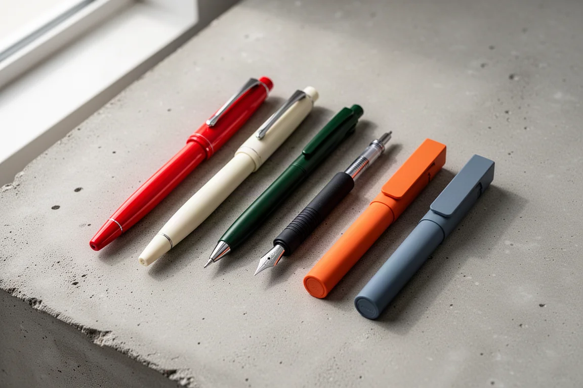 A flat-lay of new pens and mechanical pencils on a concrete surface