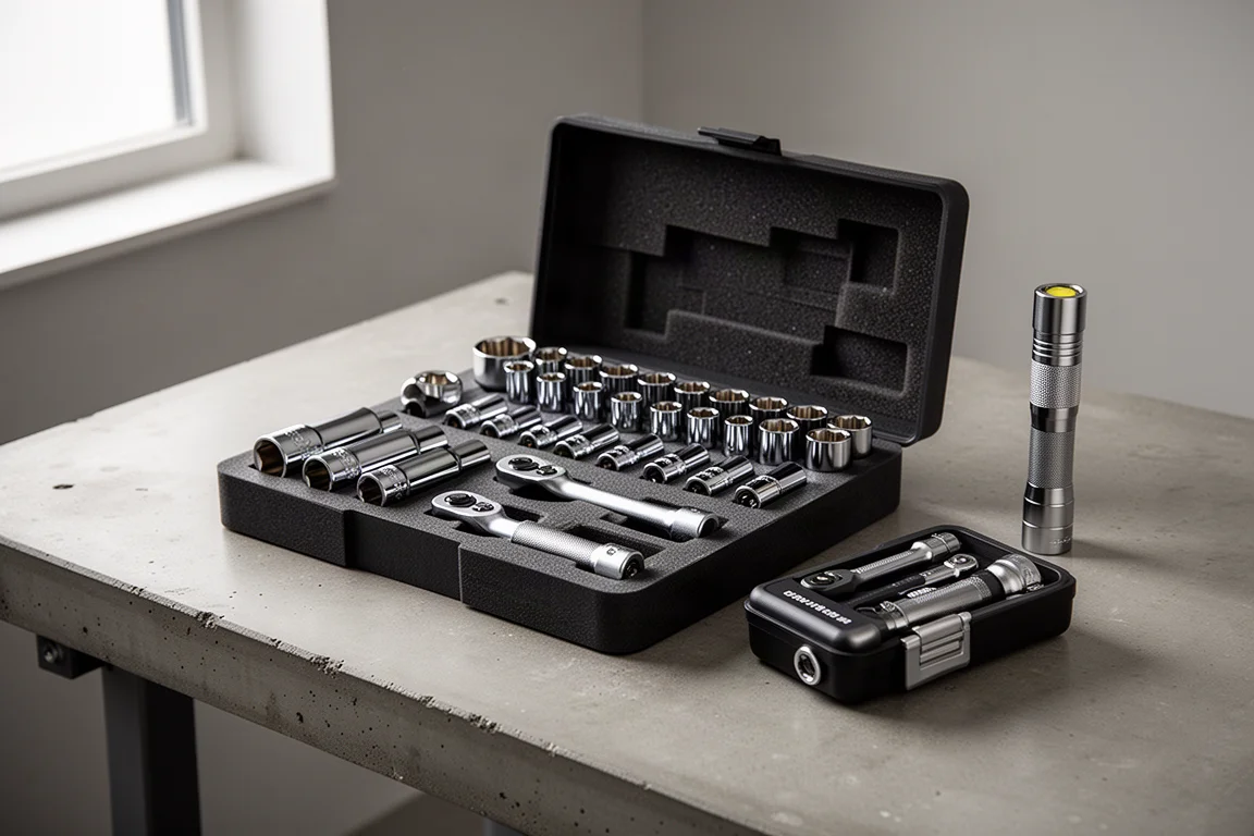Half-inch socket set in foam tray with a compact kit case and small flashlight on a workbench