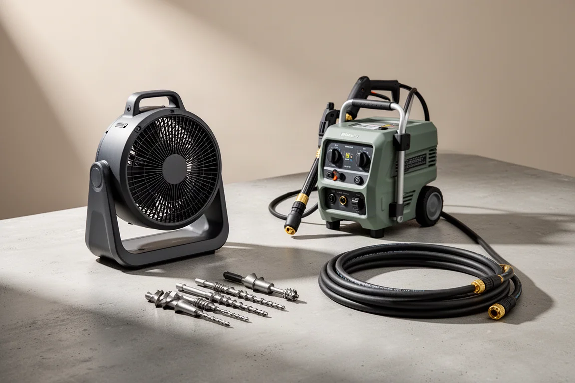 Collection of new 2025 outdoor power tools and accessories arranged on concrete