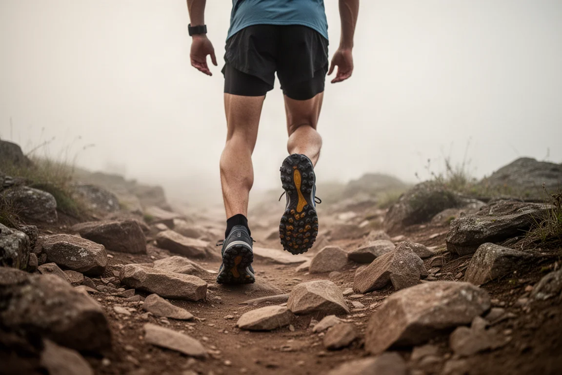 Trail runner picking through loose rocky terrain in morning light