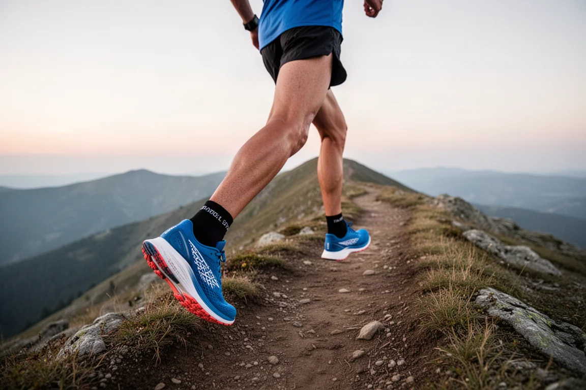 Ultramarathon runner on a long mountain ridge trail at dawn