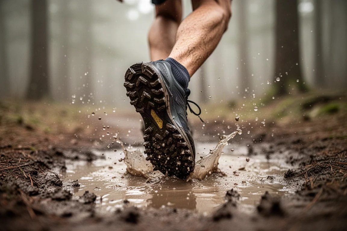 Runner splashing through wet muddy ground on a forest trail