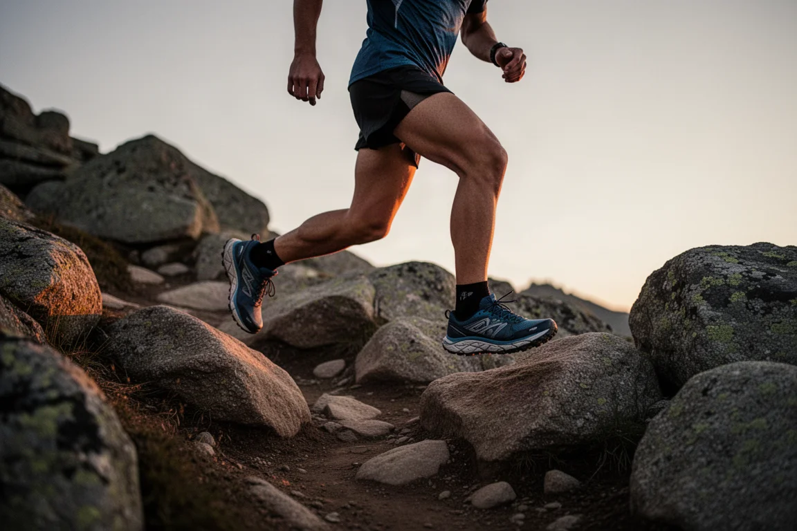 Runner descending a technical rocky trail at dusk
