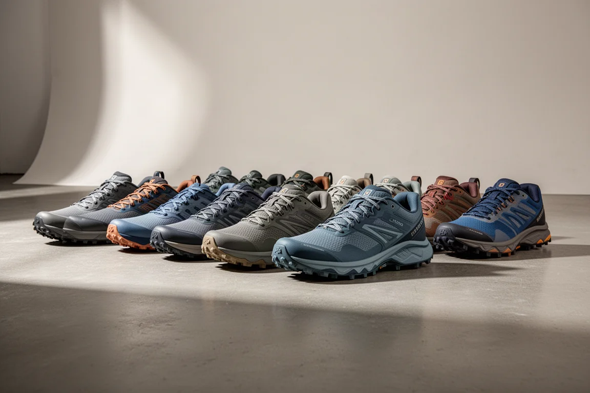 Lineup of trail running shoes on a concrete studio floor
