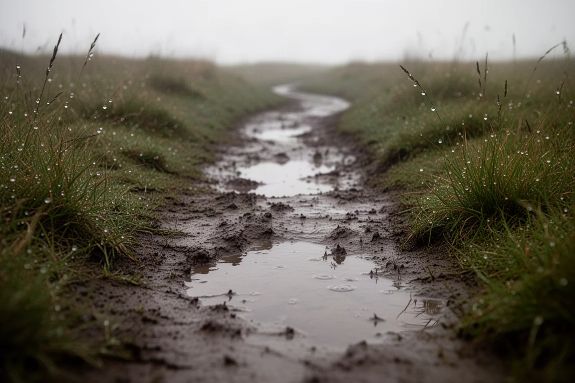 Mokry, błotnisty szlak z kałużami wijącymi się przez trawiasty teren