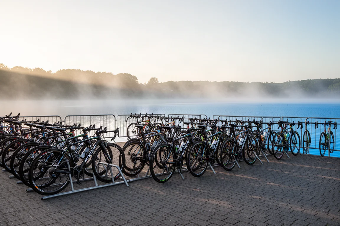 Zona di transizione del triathlon all'alba con biciclette da gara sui rastrellieri accanto ad acqua calma