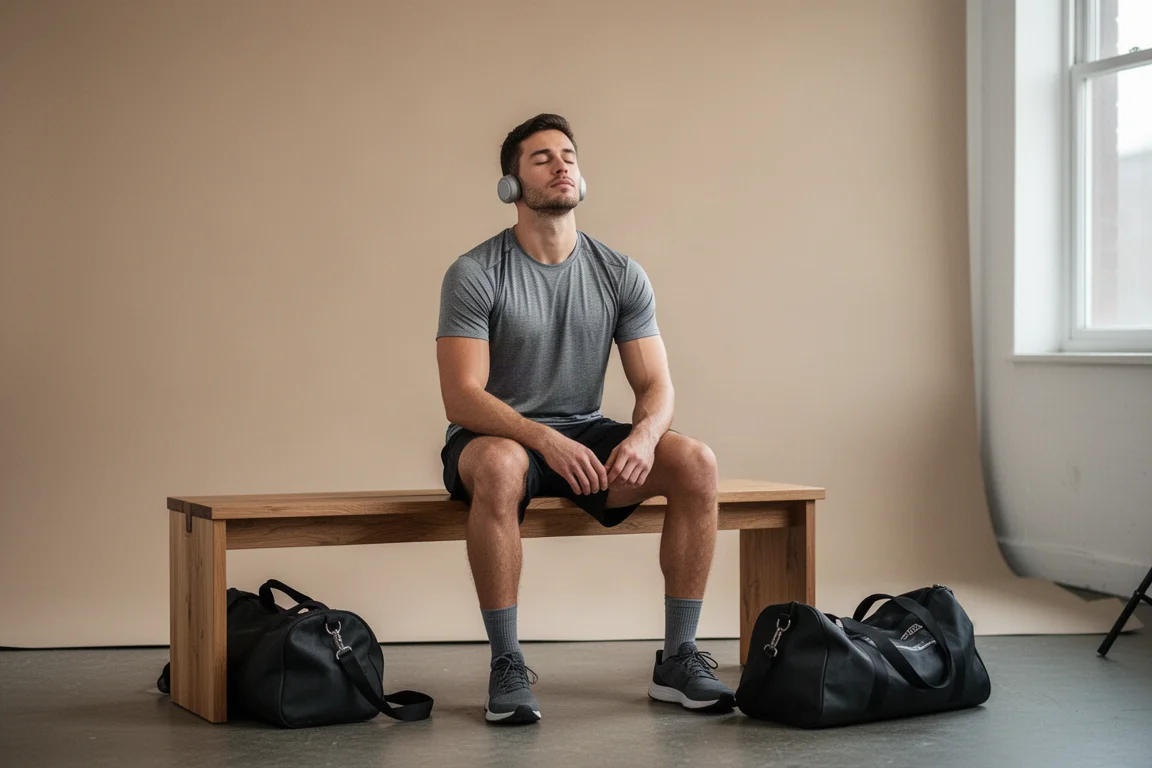 Atleta che riposa tranquillamente su una panchina con un piccolo dispositivo auricolare dopo l'allenamento