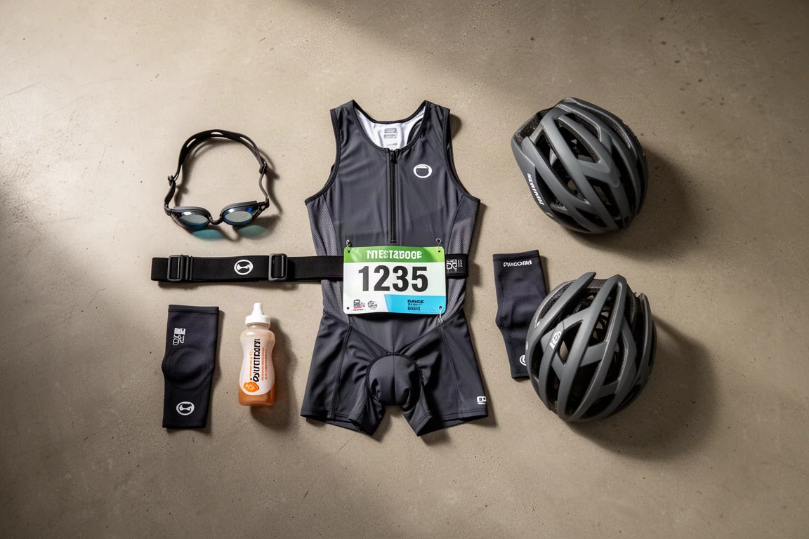 Equipaggiamento da gara di triathlon disposto su un pavimento di cemento visto dall'alto