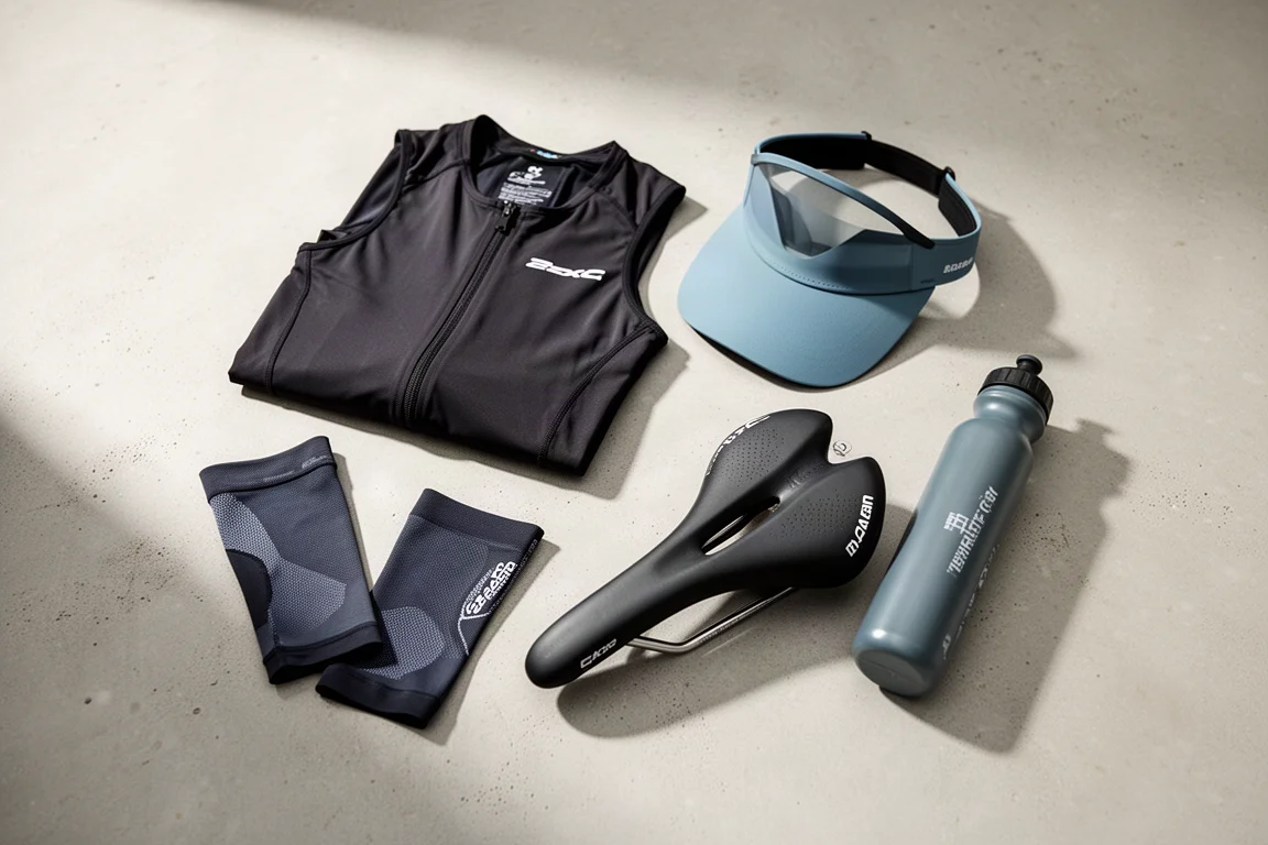 Overhead arrangement of triathlon gear including trisuit, visor, calf sleeves, saddle and bottle