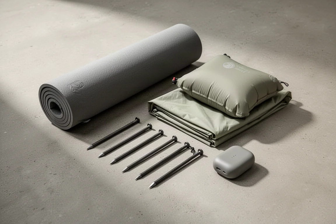 Flat-lay of ultralight backpacking gear with a blue quilt, sun hoodie, tent stakes and power bank