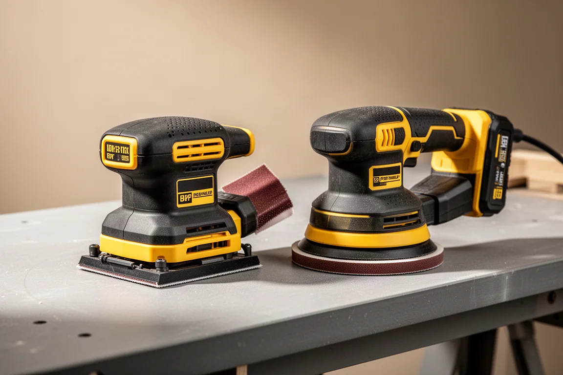 A cordless quarter sheet sander and an orbital sander side by side on a workbench
