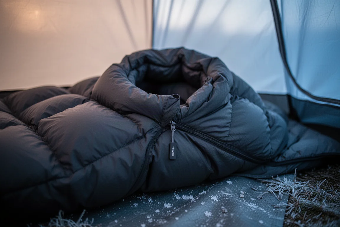 Primo piano di un sacco a pelo in piuma dentro una tenda all'alba con brina nelle vicinanze