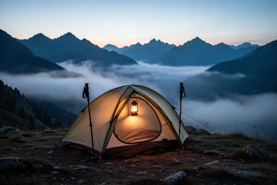 Tenda ultraleggera con bastoncini da trekking su un crinale alpino al crepuscolo con nebbia