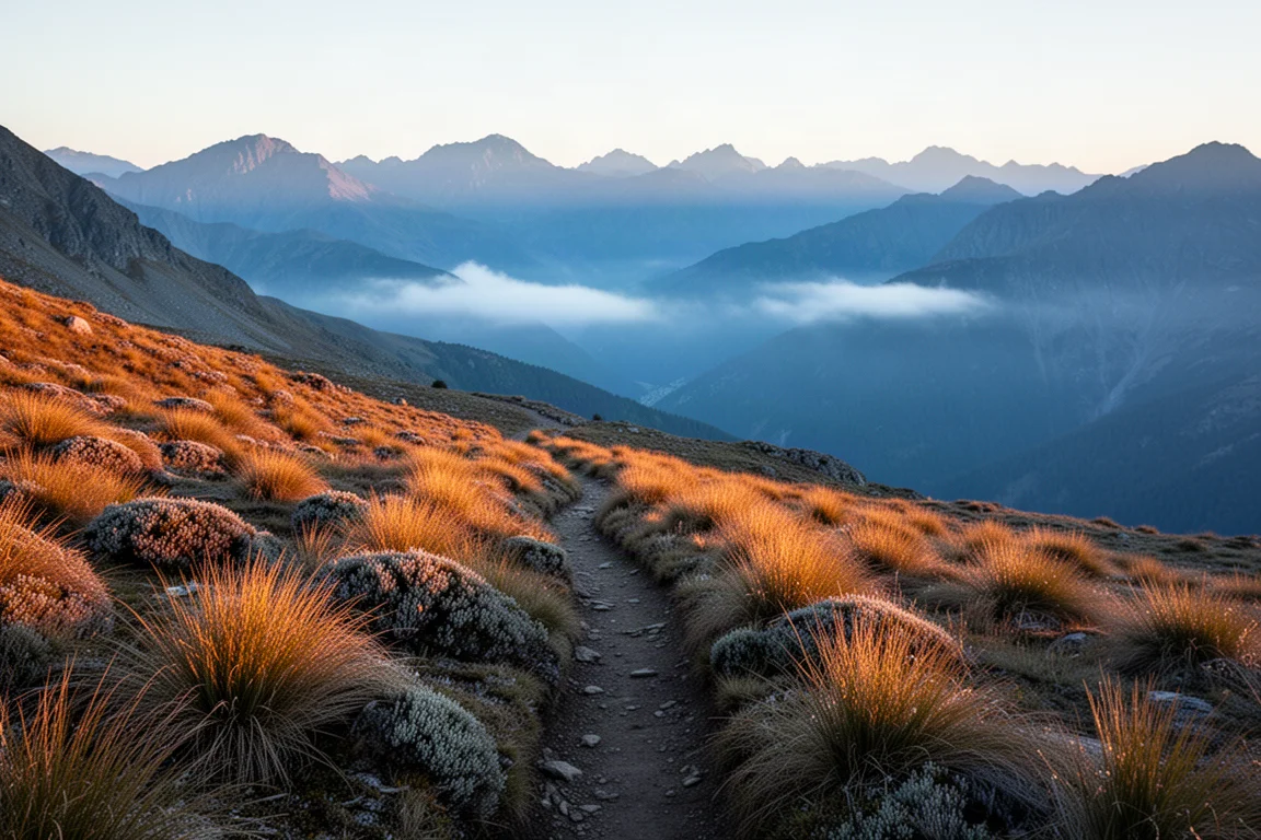 Ultralight-Backpacking-Ausrüstung in Reihen auf einem Holzhüttenboden ausgelegt