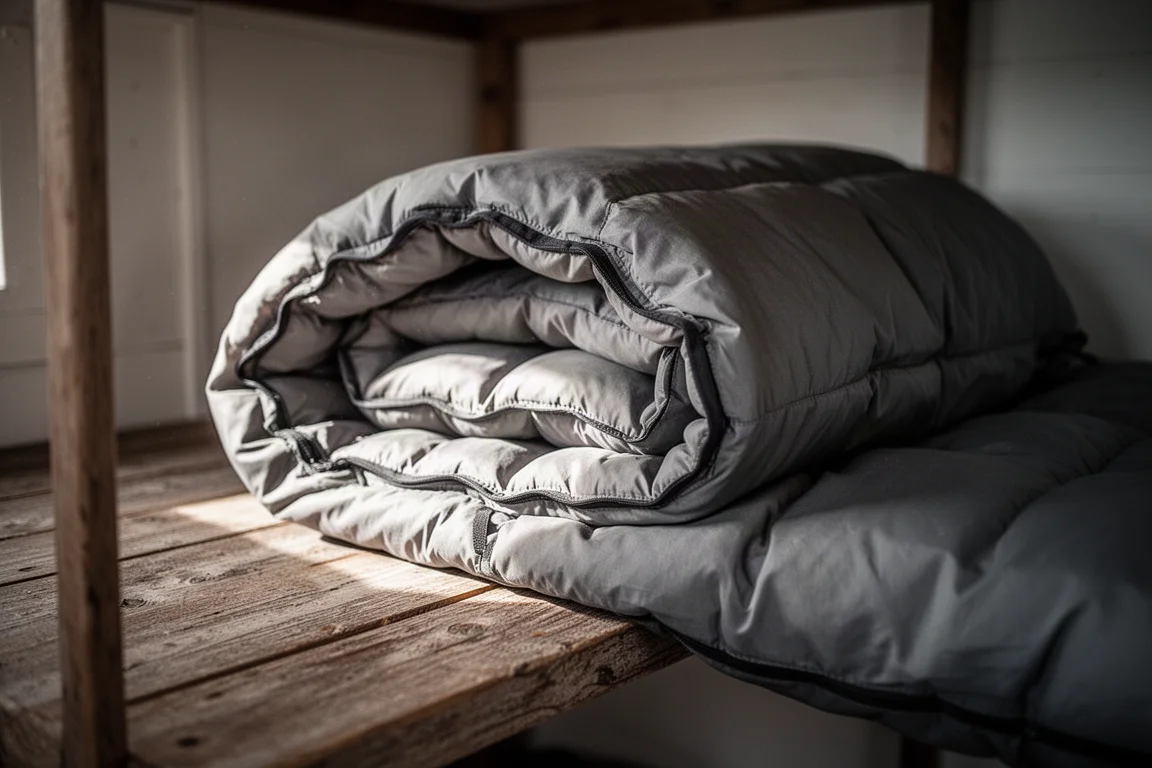 Daunenschlafsack in Mumiengestalt im Zelt bei Tagesanbruch mit Frost an der Wand