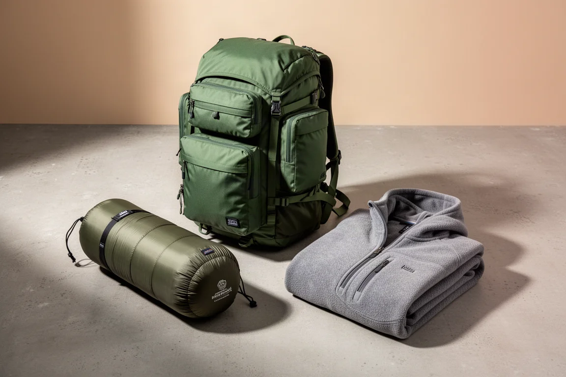 Backpacking gear on concrete: pack, sleeping pad, down bag and fleece layer