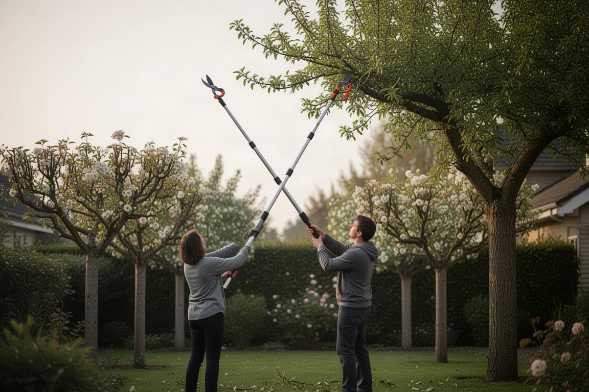 Gardener trimming high tree branches with a pole-mounted pruning tool